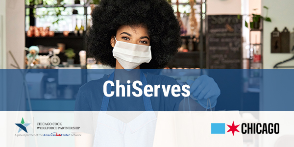 ChiServes. Woman with afro, wearing a face mask and holding a lunch bag towards the camera.