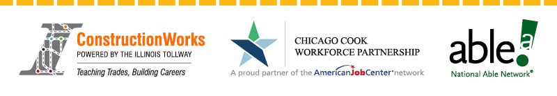 Logos of the event partners. ConstructionWorks. Chicago Cook Workforce Partnership. National Able Network.