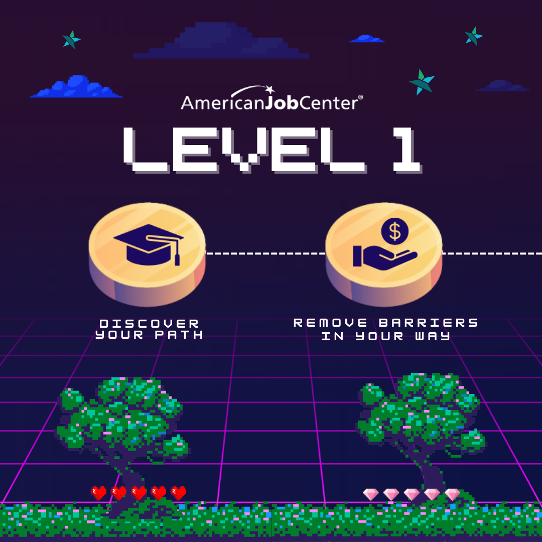Video game style graphic, "American Job Center: Level 1! Discover your path. Remove barriers in your way."