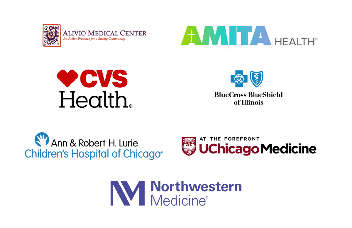 Logos of Alivio Medical Center, Amita Health, CVS Health, Blue Cross Blue Shield of Illinois, Ann & Robert H Lurie Children's Hospital of Chicago, UChicago Medicine, and Northwestern Medicine.
