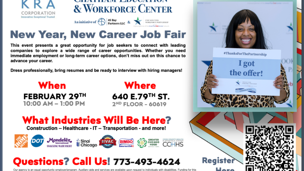 Flyer with a smiling woman for "New Year, New Career Job Fair."