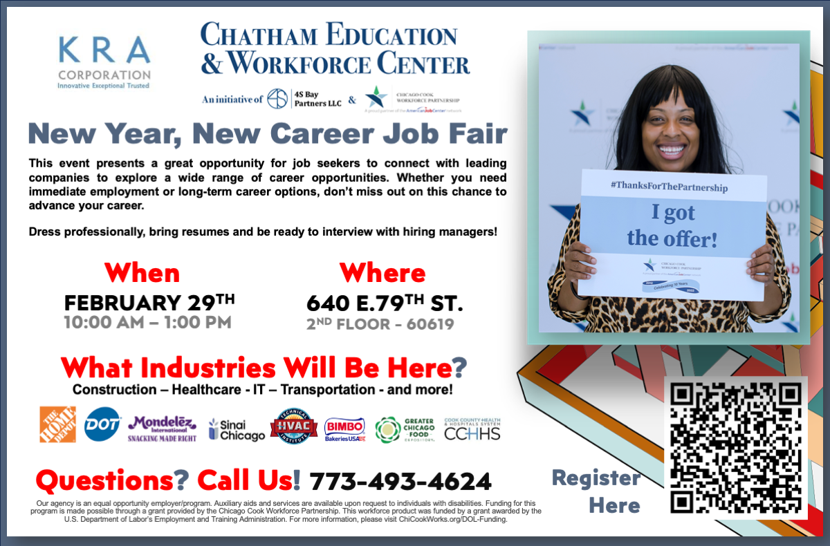 Flyer with a smiling woman for "New Year, New Career Job Fair."