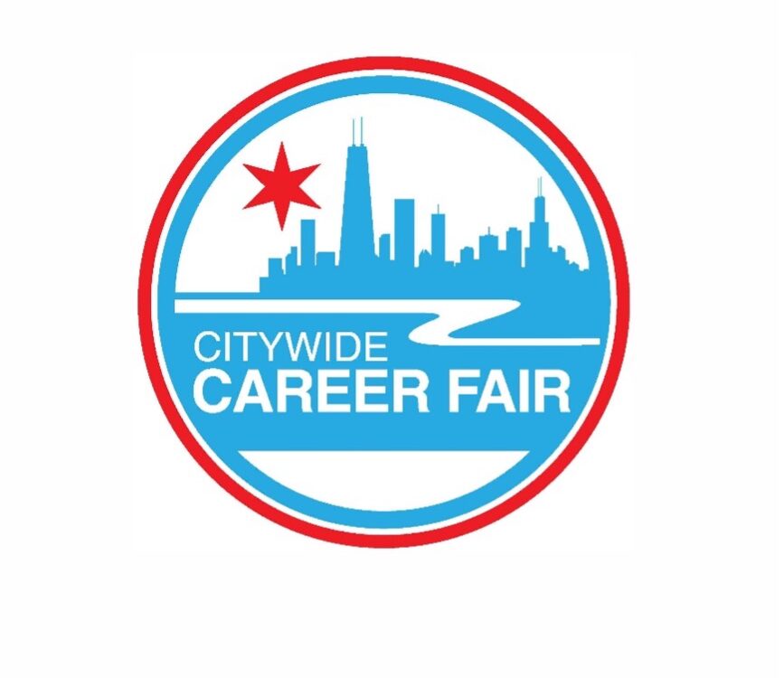 Blue and red circular logo for the Citywide Career Fair. Logo depicts a silhouette of the Chicago skyline.