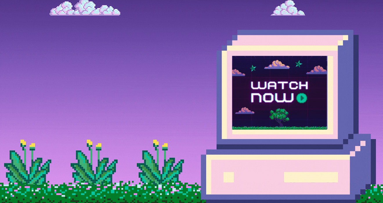 Video game themed graphic of a purple sunset with green grass in the forgeround. Graphic of computer monitor with a "Watch Know" text.