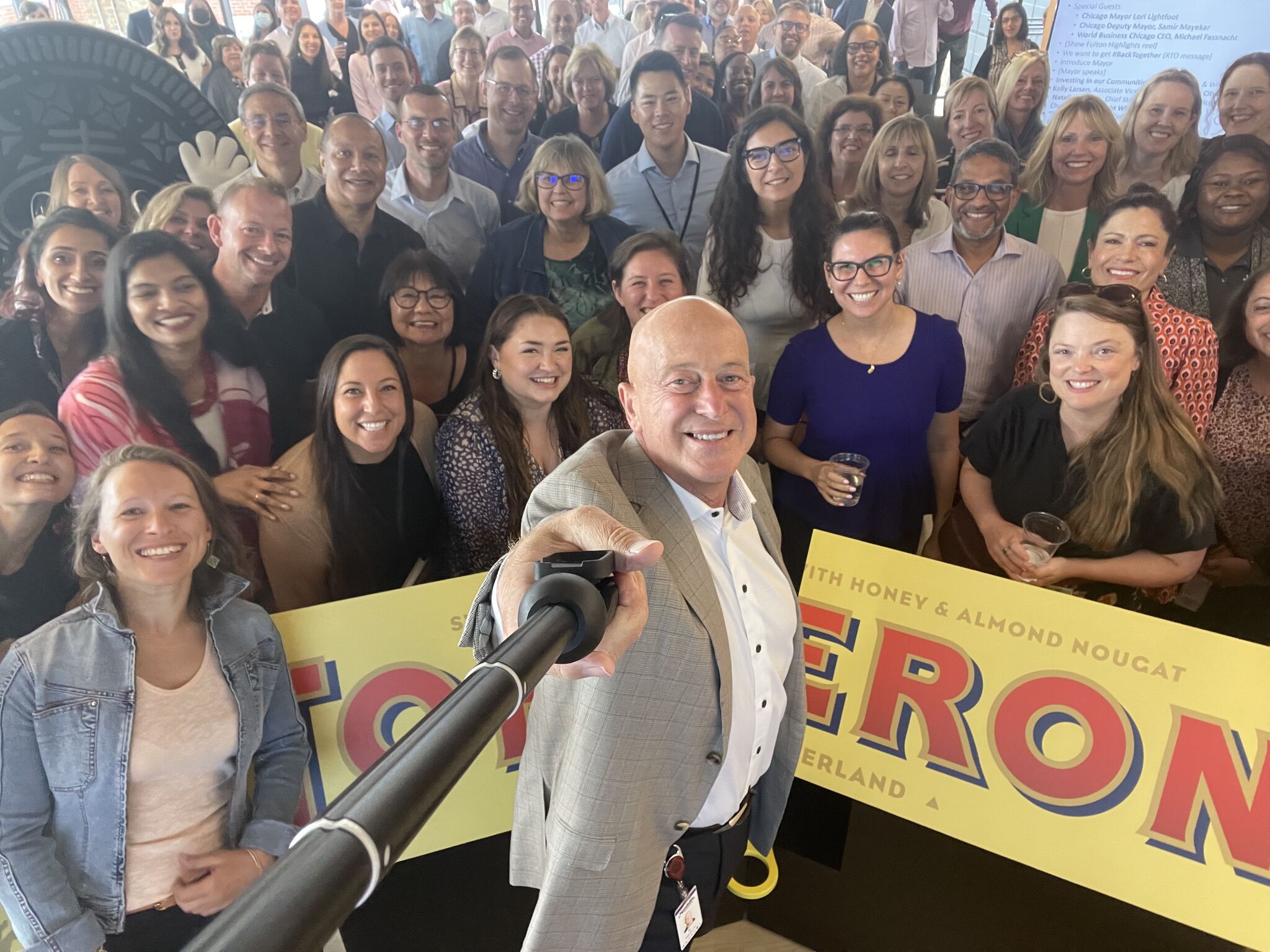 Group picture of Mondelez workers at the Chicago office.