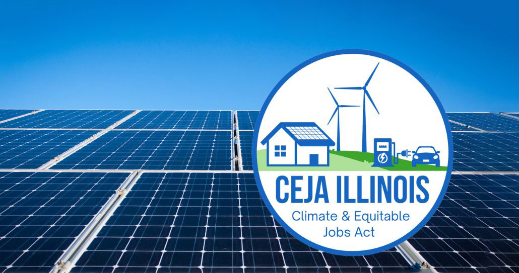 Photo of solar panels with the CEJA Illinois logo on top.