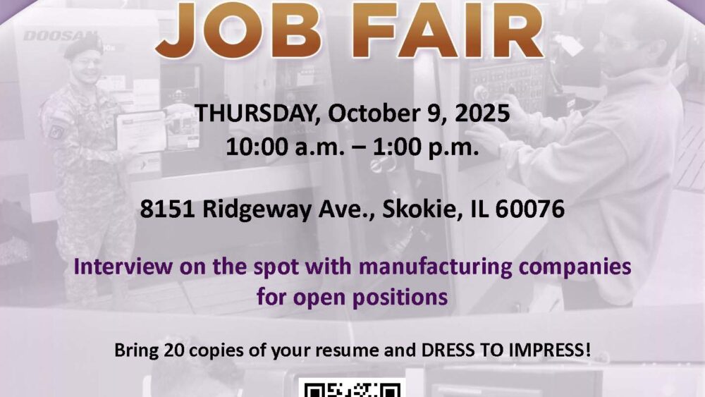 A purple Manufacturing Job Fair flyer. Thursday, October 9 from 10 am to 1 pm at 8151 Ridgeway Ave., Skokie, IL 60076.