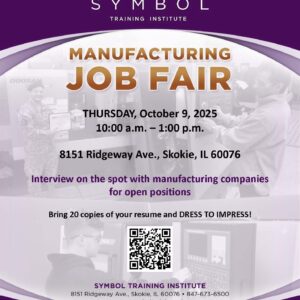 A purple Manufacturing Job Fair flyer. Thursday, October 9 from 10 am to 1 pm at 8151 Ridgeway Ave., Skokie, IL 60076.
