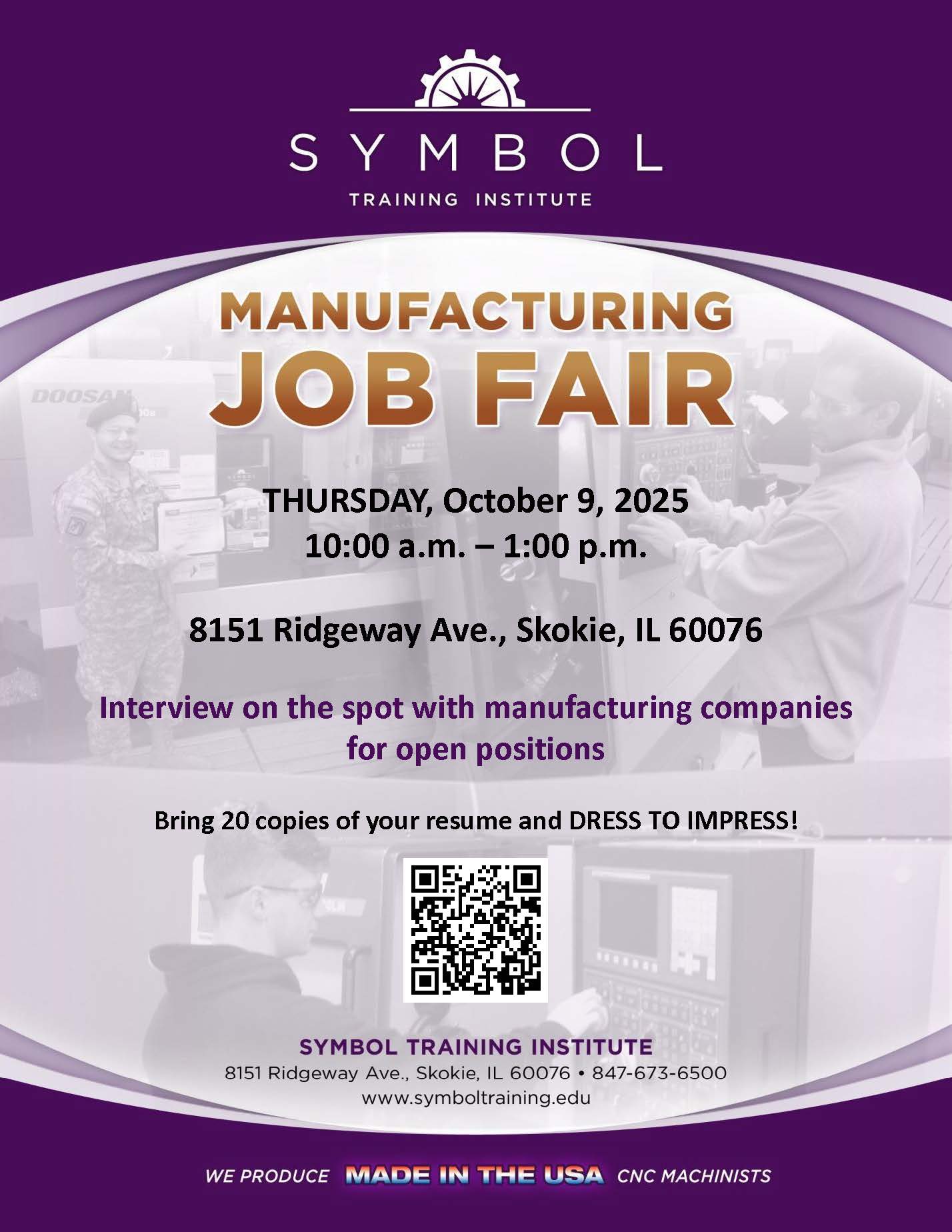 A purple Manufacturing Job Fair flyer. Thursday, October 9 from 10 am to 1 pm at 8151 Ridgeway Ave., Skokie, IL 60076.