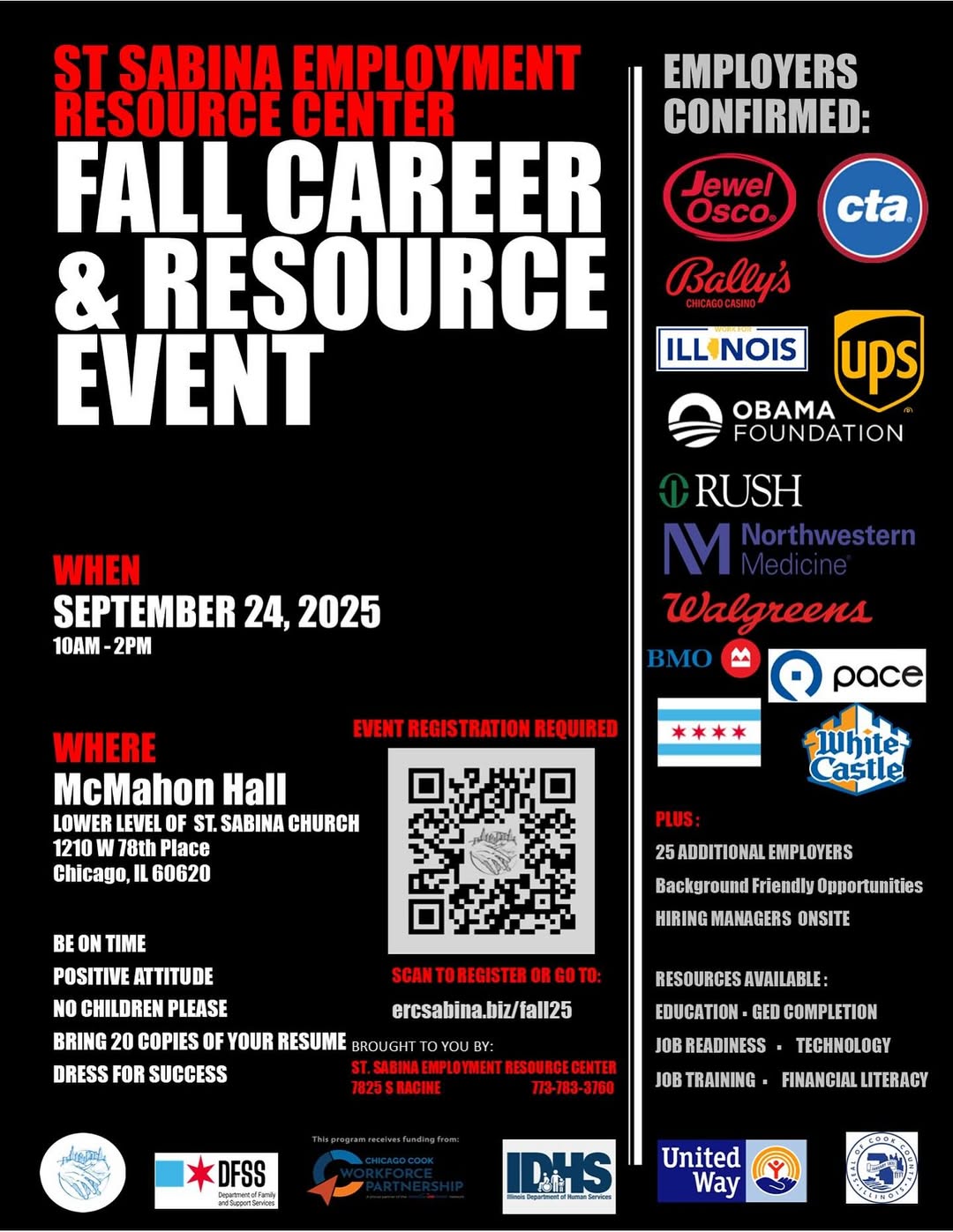 St Sabina ERC Fall Career and Resource Event flyer. September 24, 2025 at St. Sabina Church.