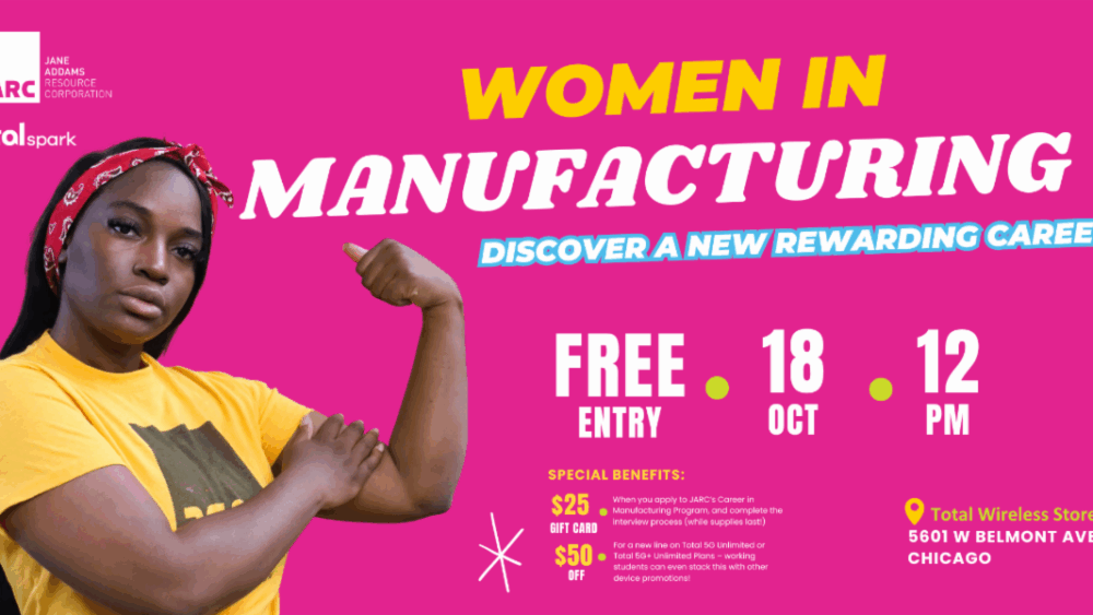 Black woman holding her flexed bicep. Event title included. "Free Entry."
