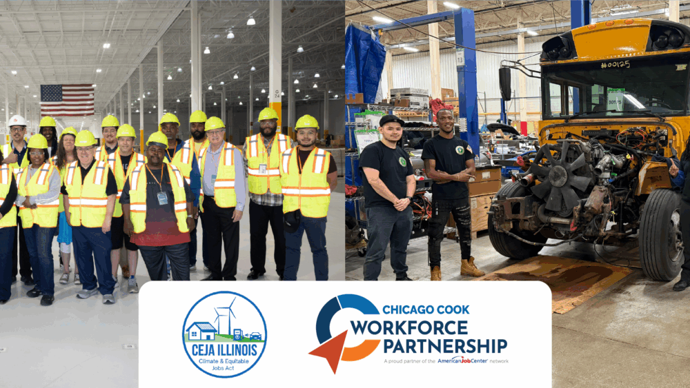 A collage of two photos featuring A diverse group of about twenty people in bright yellow hard hats and high-visibility vests posing in the middle of a bright big, clean manufacturing plant and a smaller group of diverse men posing next to a disassembled bus that is in the process of being transformed into an electric vehicle. Collage includes CEJA and The Partnership logos.