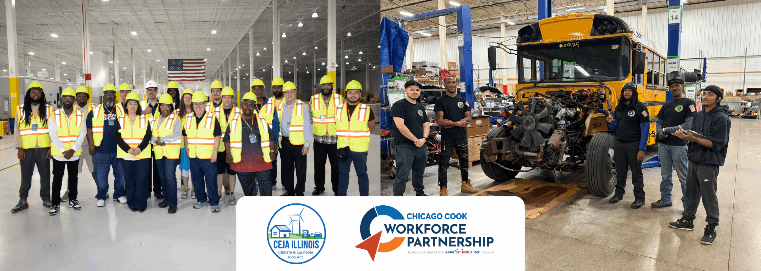 A collage of two photos featuring A diverse group of about twenty people in bright yellow hard hats and high-visibility vests posing in the middle of a bright big, clean manufacturing plant and a smaller group of diverse men posing next to a disassembled bus that is in the process of being transformed into an electric vehicle. Collage includes CEJA and The Partnership logos.