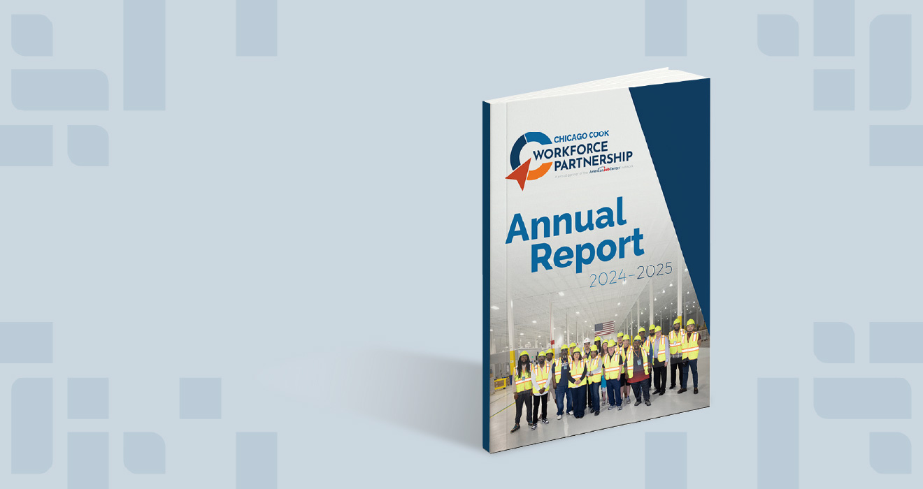 A mockup of the Program Year 2024 annual report cover featuring a photo of a group of diverse adults wearing high visibility jackets and hard hats in a manufacturing plant.