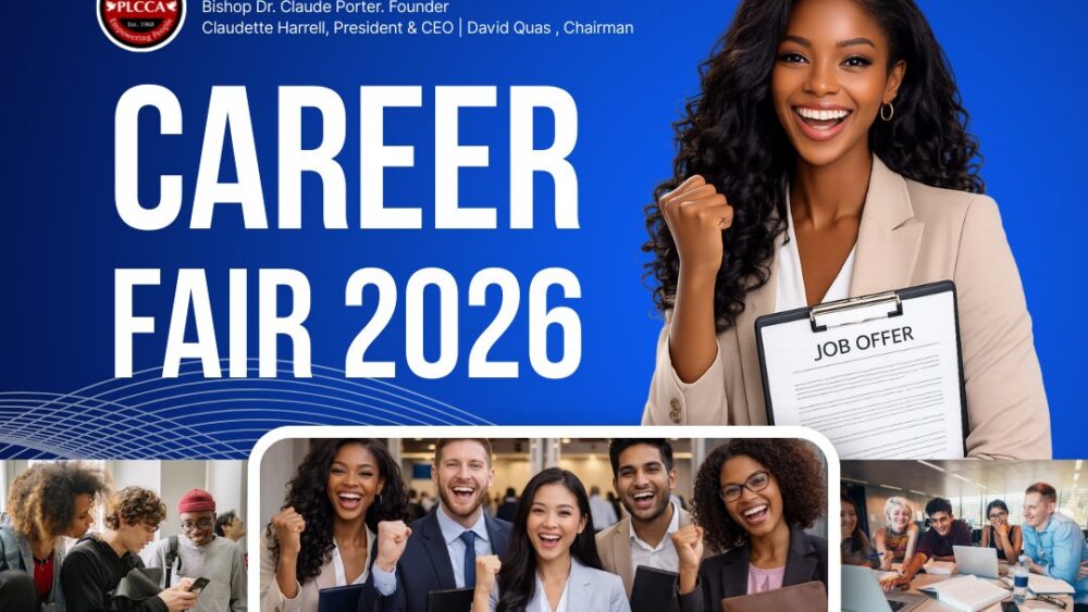 A graphic with a blue background featuring different diverse groups of people smiling and holding job offers.