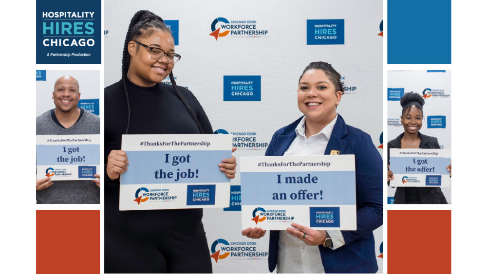 Graphic with colorful squares and photos of people celebrating a job offer at Hospitality Hires Chicago.