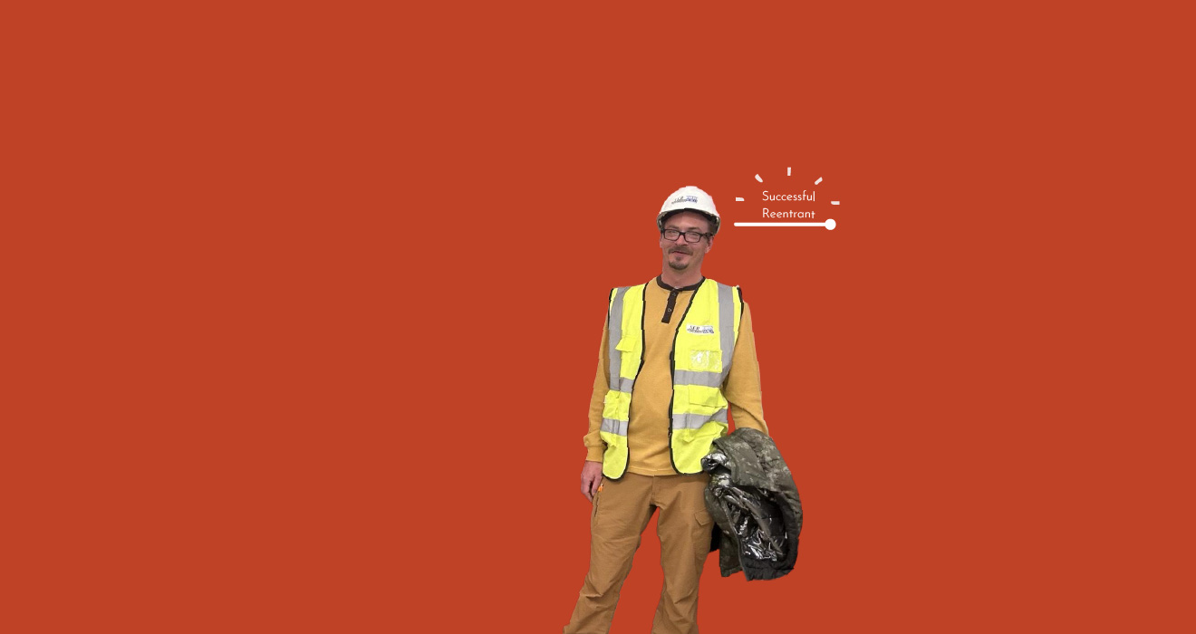 A photo of a man wearing a white hard hat and a high visibility yellow vest. Next to him are the words, "Successful Reentrant," in white.