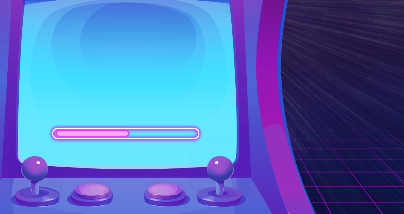 A purple and blue graphic with the left two thirds of the frame focused on a loading bar on the screen of a retro arcade machine.