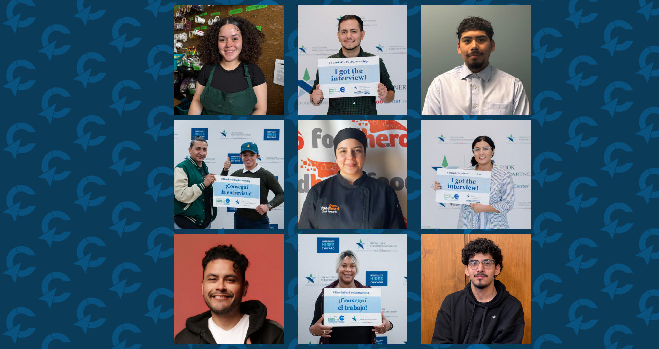 A nine photo collage of Hispanic and Latinos smiling at the camera. The photos also include five young men and women who are holding a sign that says, "I got the interview" or "I got the job." There are also a few headshots of adults in professional clothing, culinary uniform, and art workshop attire.