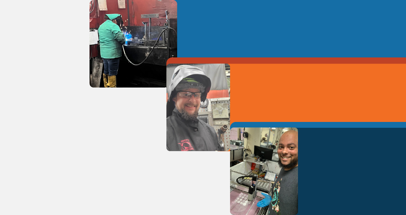 A photo collage of a man and woman welder with a third photo showing a man posing next to machinery.